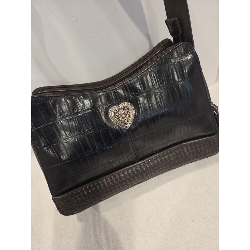 Vintage Marlo Black Croc Embossed Leather Shoulder Bag Silver Heart Western Y2k